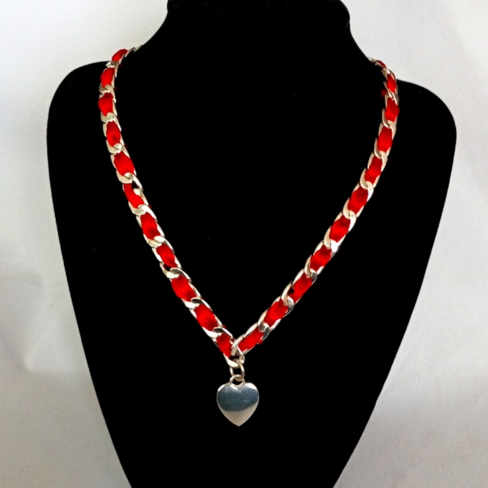 UNIQUE Red Satin and Surgical Steel Choker/Necklace with dangly heart charm